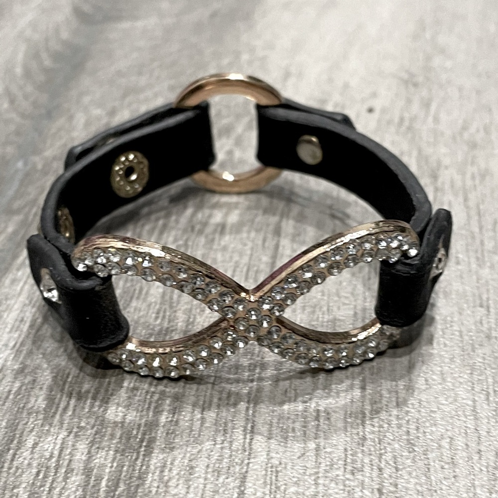 Black leather crystal infinity cuff